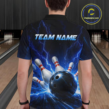 Load image into Gallery viewer, Man wearing a black and blue bowling polo shirt featuring lightning effects, a large blue bowling ball striking pins, and custom team name text.