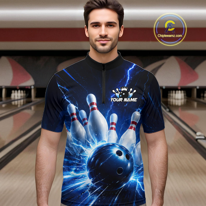 Man wearing a black and blue bowling polo shirt featuring lightning effects, a large blue bowling ball striking pins, and custom your name text.