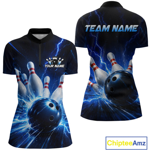 Front and back views of a black and blue bowling quarter zip shirt featuring lightning effects, a large blue bowling ball striking pins, and custom team and player name text.