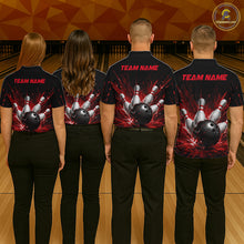 Load image into Gallery viewer, Four people wearing a black bowling polo shirt with dramatic red splatter graphics, a large black bowling ball, and flying pins, plus custom team name text.