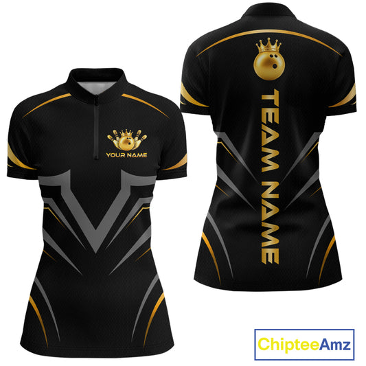 Custom Black Gold Crown Bowling Team Shirts Bowling Jersey for Women Bowling League HNT461