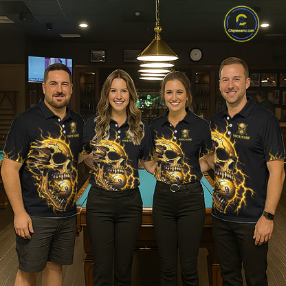 Custom Yellow Flame Skull 9 Ball Cracked Billiard Shirt for Men Billiard Team Jersey NNT195