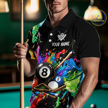 Load image into Gallery viewer, Man holding a pool cue with a colorful shirt featuring billiard ball designs in a pool hall.