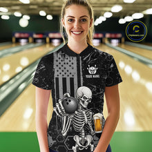 Load image into Gallery viewer, A woman standing in a bowling alley wearing a black short-sleeve polo shirt with a skeleton graphic holding a bowling ball and a beer glass, with a US flag motif and customizable text on the chest. A circular 'Chipleanic' watermark is visible in the top right.