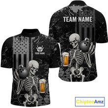 Load image into Gallery viewer, Front and back views of a black short-sleeve polo shirt featuring a distressed skeleton graphic holding a bowling ball and beer mug, with American flag and hexagon patterns. The back shows 'TEAM NAME' and 'YOUR NAME' placeholder text.