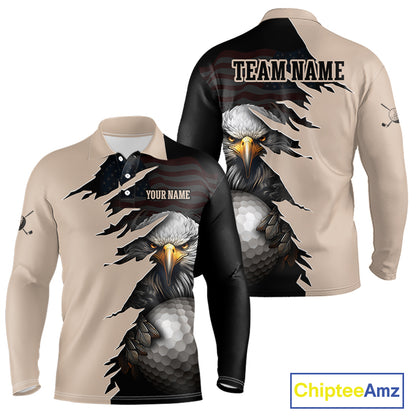 A long-sleeve polo shirt with a split design: the left side is beige with a torn-paper effect revealing a bald eagle and golf ball graphic, while the right side is black with a faded American flag pattern. The shirt includes placeholder text reading 'YOUR NAME' on the chest and a 'ChipteeAmz' logo in the top right corner.
