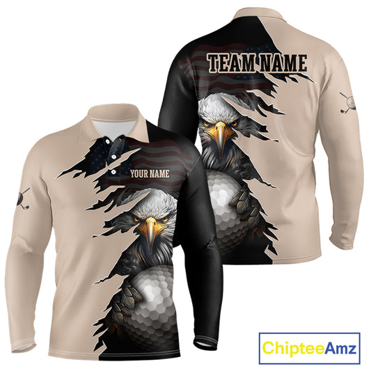 A long-sleeve polo shirt with a split design: the left side is beige with a torn-paper effect revealing a bald eagle and golf ball graphic, while the right side is black with a faded American flag pattern. The shirt includes placeholder text reading 'YOUR NAME' on the chest and a 'ChipteeAmz' logo in the top right corner.
