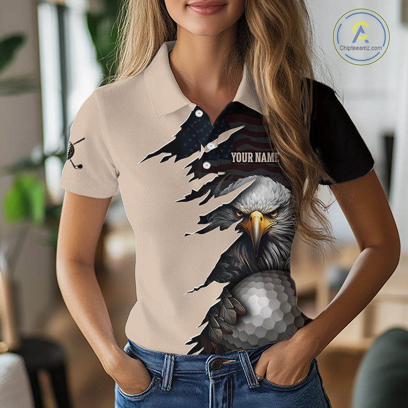 Women wearing a Personalized Eagle Golf Polo Shirt featuring a patriotic American flag design, fierce bald eagle holding a golf ball, custom name and team name, beige and black performance golf jersey for golfers and golf teams.