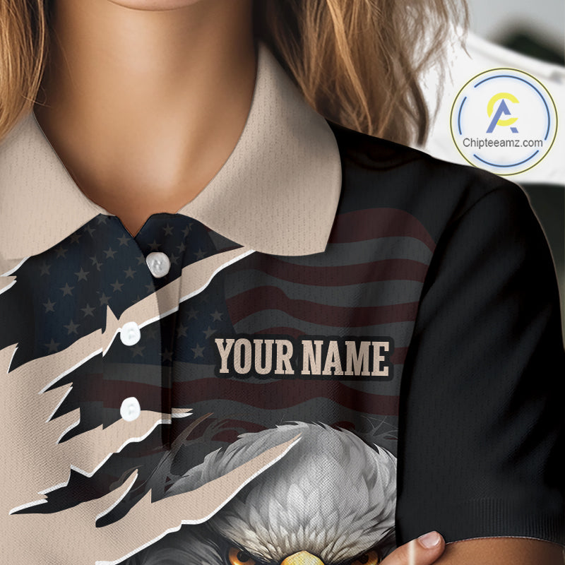 Close-up of a person wearing a custom polo shirt with a patriotic design featuring a torn-flag effect, an eagle graphic, and the text 'YOUR NAME'.