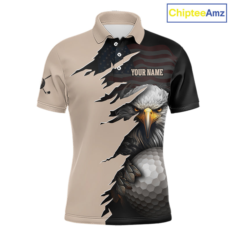A short-sleeve polo shirt with a split design: the left side is beige with a torn-paper effect revealing a bald eagle and golf ball graphic, while the right side is black with a faded American flag pattern. The shirt includes placeholder text reading 'YOUR NAME' on the chest and a 'ChipteeAmz' logo in the top right corner.