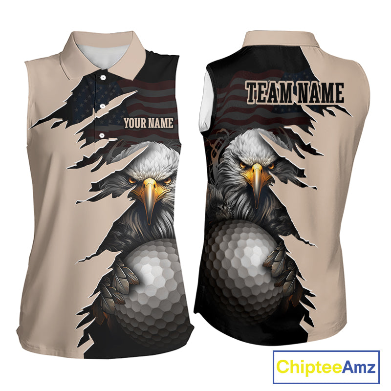 Personalized Eagle Golf Sleeveless Polo Shirt featuring a fierce bald eagle holding a golf ball, distressed American flag design, custom name and team name, beige and black performance golf jersey for men and women.