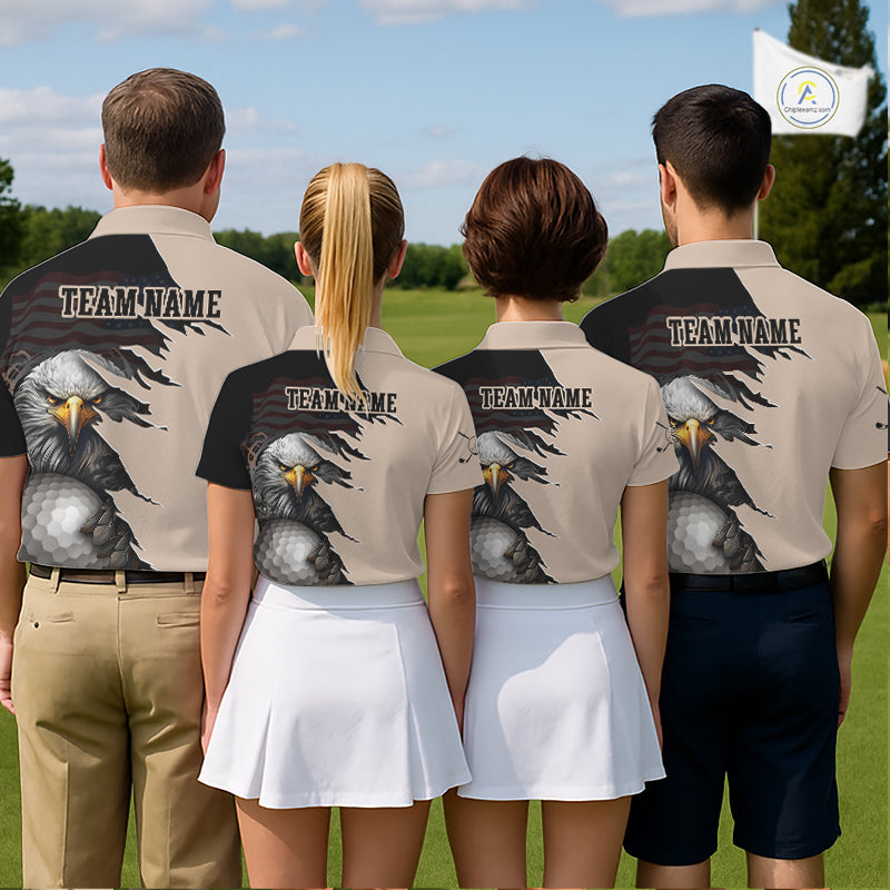 Four people wearing Personalized Eagle Golf Sleeveless Polo Shirt featuring a fierce bald eagle holding a golf ball, distressed American flag design, custom name and team name, beige and black performance golf jersey for women.
