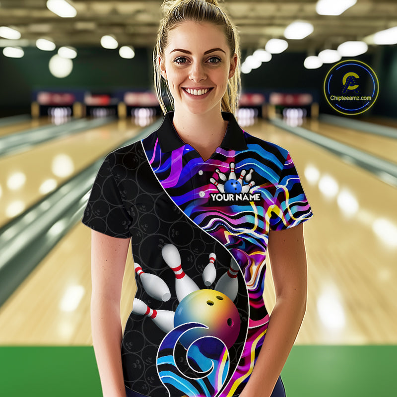Custom Blue Neon Wave Bowling Team Shirts, Strike Bowling Shirts For Women Bowling Jersey HNT465