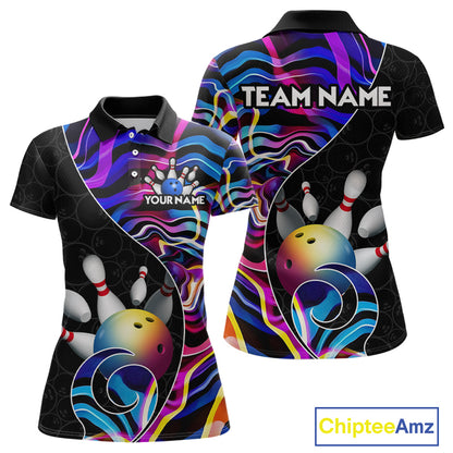 Custom Blue Neon Wave Bowling Team Shirts, Strike Bowling Shirts For Women Bowling Jersey HNT465