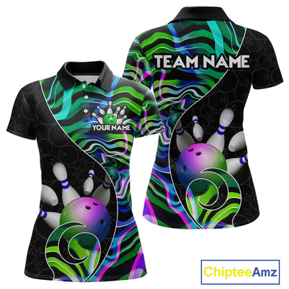 Custom Green Neon Wave Bowling Team Shirts, Strike Bowling Shirts For Women Bowling Jersey HNT465