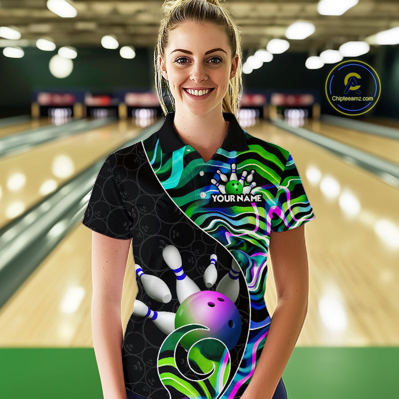 Custom Green Neon Wave Bowling Team Shirts, Strike Bowling Shirts For Women Bowling Jersey HNT465