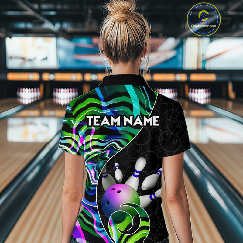Custom Green Neon Wave Bowling Team Shirts, Strike Bowling Shirts For Women Bowling Jersey HNT465