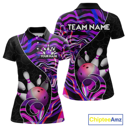 Custom Purple Neon Wave Bowling Team Shirts, Strike Bowling Shirts For Women Bowling Jersey HNT465