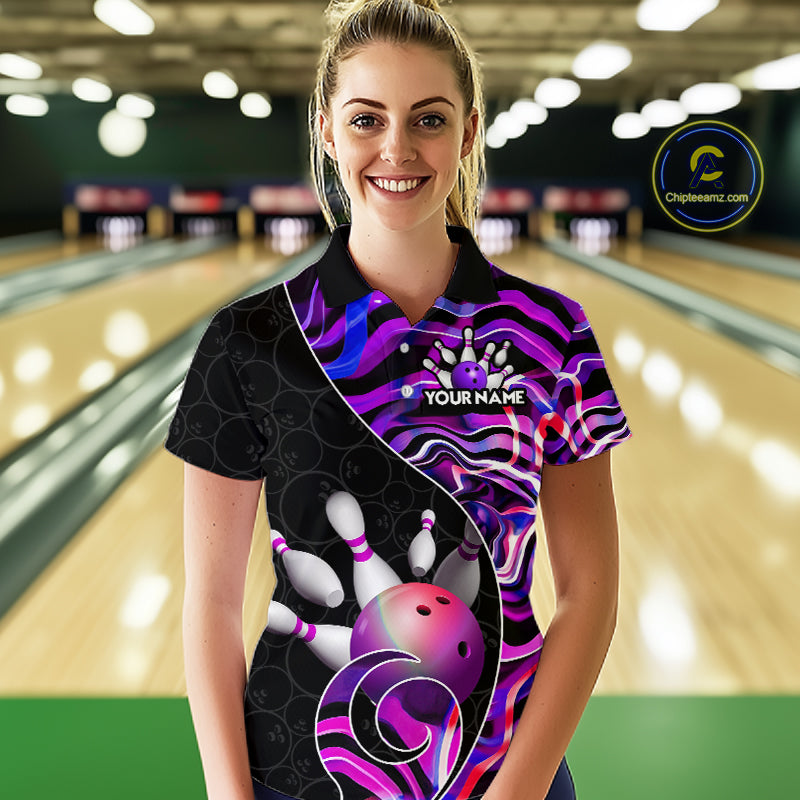 Custom Purple Neon Wave Bowling Team Shirts, Strike Bowling Shirts For Women Bowling Jersey HNT465