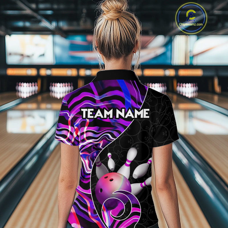 Custom Purple Neon Wave Bowling Team Shirts, Strike Bowling Shirts For Women Bowling Jersey HNT465