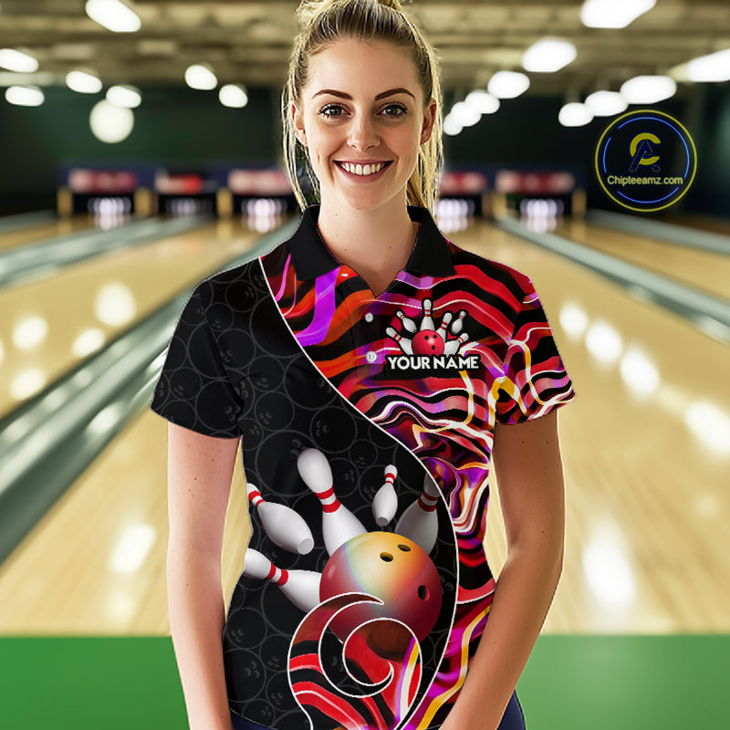 Custom Red Neon Wave Bowling Team Shirts, Strike Bowling Shirts For Women Bowling Jersey HNT465