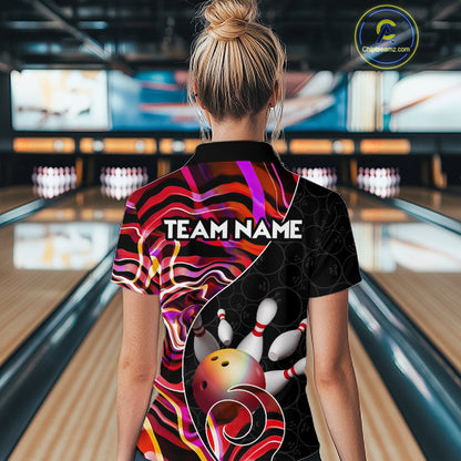 Custom Red Neon Wave Bowling Team Shirts, Strike Bowling Shirts For Women Bowling Jersey HNT465