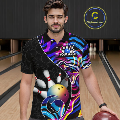 Custom Blue Neon Wave Bowling Team Shirts, Strike Bowling Shirts For Men Bowling Jersey HNT465