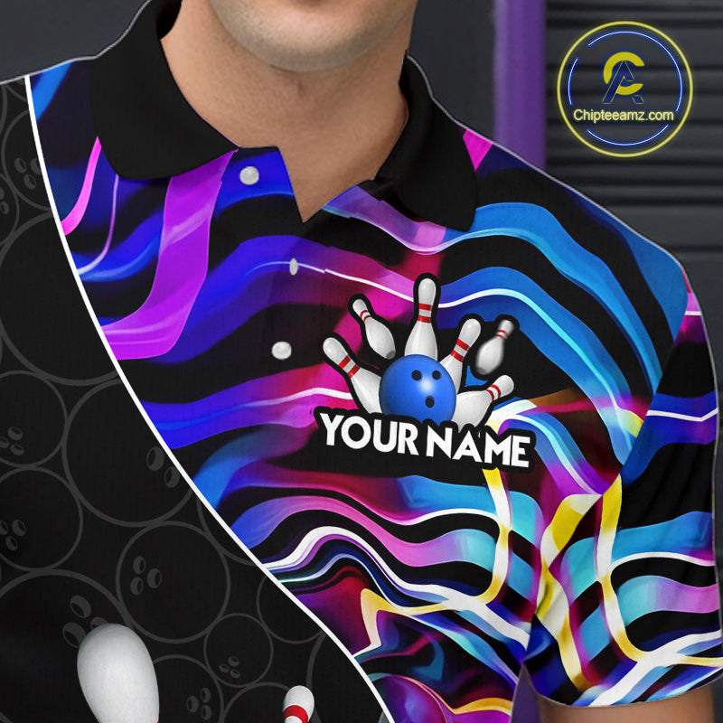 Custom Blue Neon Wave Bowling Team Shirts, Strike Bowling Shirts For Men Bowling Jersey HNT465