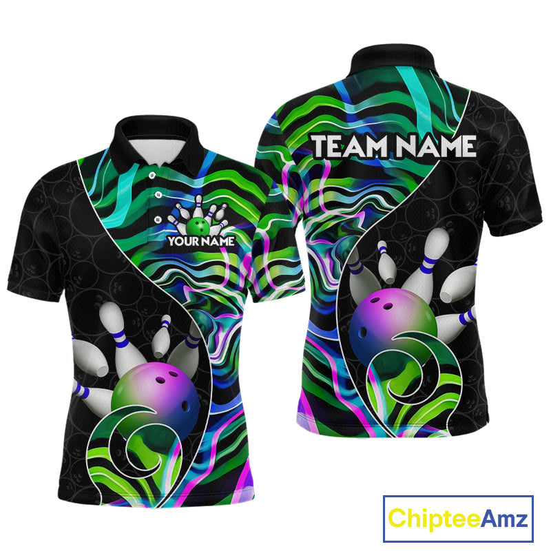 Custom Green Neon Wave Bowling Team Shirts, Strike Bowling Shirts For Men Bowling Jersey HNT465