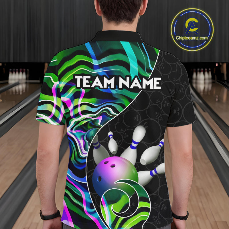Custom Green Neon Wave Bowling Team Shirts, Strike Bowling Shirts For Men Bowling Jersey HNT465