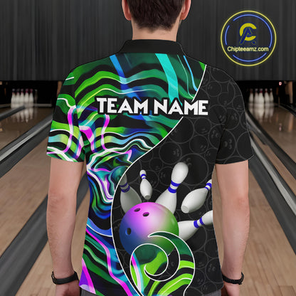 Custom Green Neon Wave Bowling Team Shirts, Strike Bowling Shirts For Men Bowling Jersey HNT465