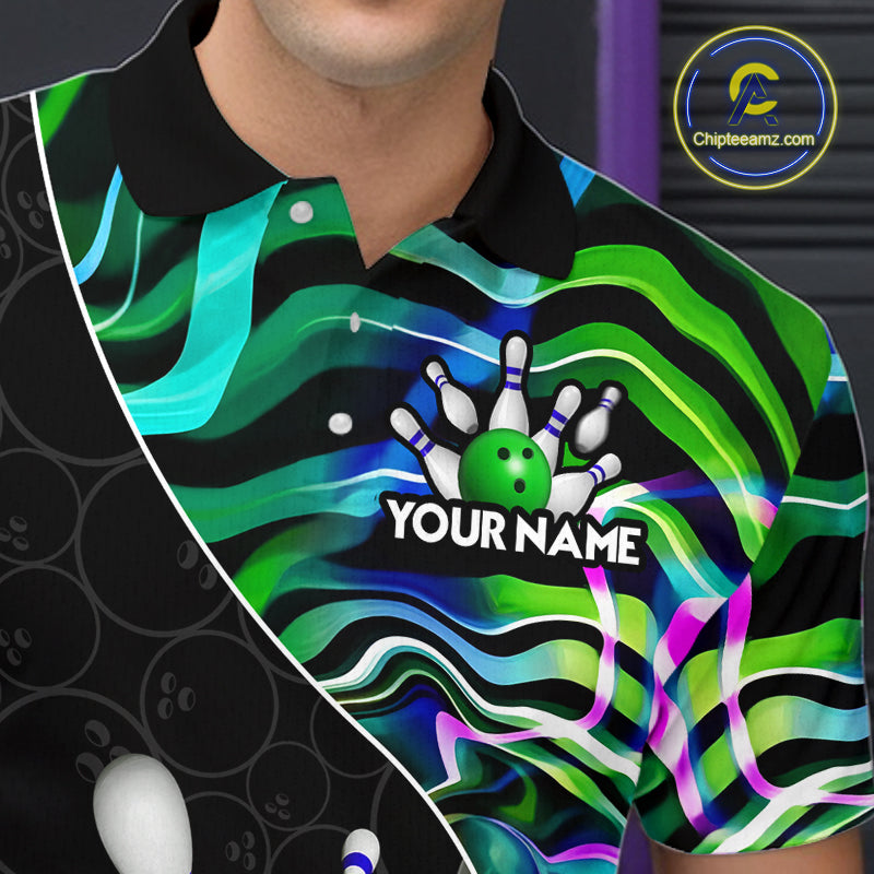 Custom Green Neon Wave Bowling Team Shirts, Strike Bowling Shirts For Men Bowling Jersey HNT465