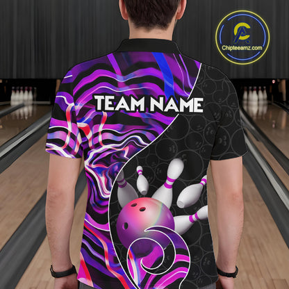 Custom Purple Neon Wave Bowling Team Shirts, Strike Bowling Shirts For Men Bowling Jersey HNT465