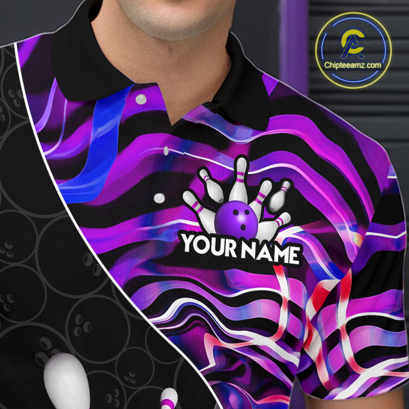 Custom Purple Neon Wave Bowling Team Shirts, Strike Bowling Shirts For Men Bowling Jersey HNT465