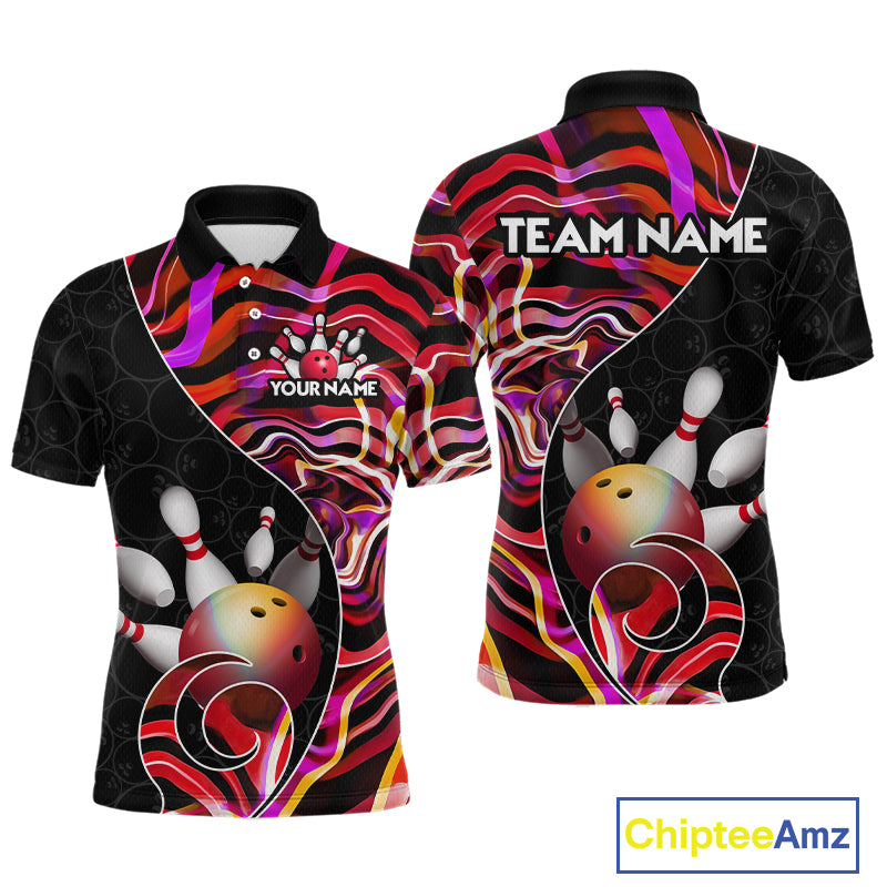 Custom Red Neon Wave Bowling Team Shirts, Strike Bowling Shirts For Men Bowling Jersey HNT465