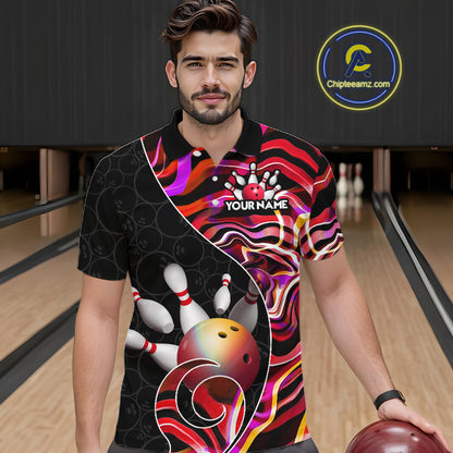 Custom Red Neon Wave Bowling Team Shirts, Strike Bowling Shirts For Men Bowling Jersey HNT465