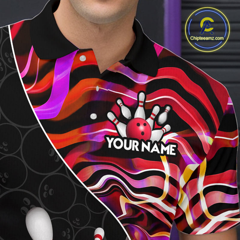 Custom Red Neon Wave Bowling Team Shirts, Strike Bowling Shirts For Men Bowling Jersey HNT465
