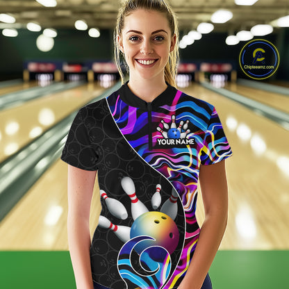 Custom Blue Neon Wave Bowling Team Shirts, Strike Bowling Shirts For Women Bowling Jersey HNT465