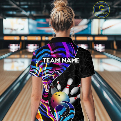 Custom Blue Neon Wave Bowling Team Shirts, Strike Bowling Shirts For Women Bowling Jersey HNT465