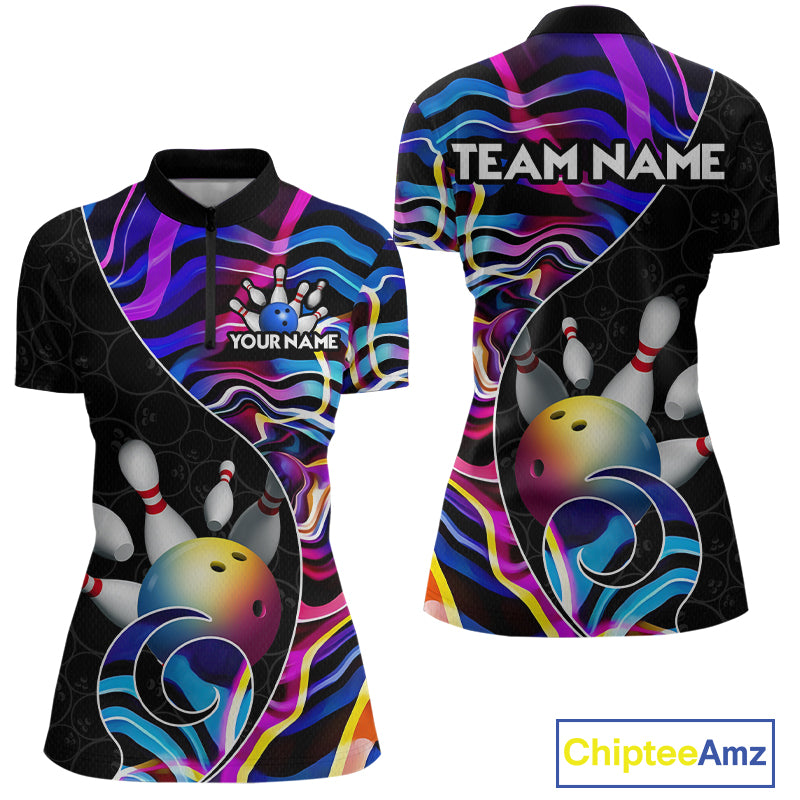 Custom Blue Neon Wave Bowling Team Shirts, Strike Bowling Shirts For Women Bowling Jersey HNT465