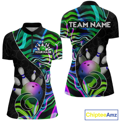Custom Green Neon Wave Bowling Team Shirts, Strike Bowling Shirts For Women Bowling Jersey HNT465