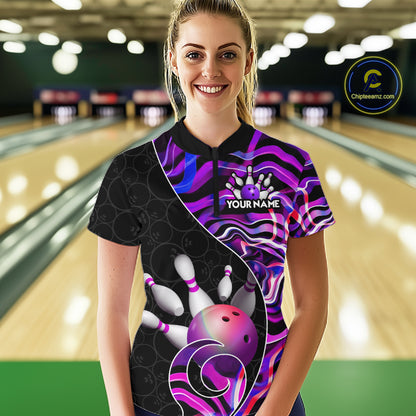 Custom Purple Neon Wave Bowling Team Shirts, Strike Bowling Shirts For Women Bowling Jersey HNT465