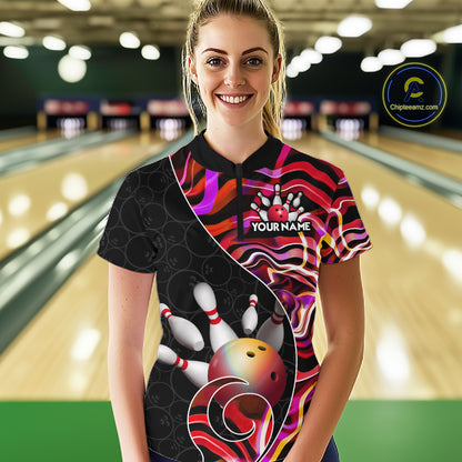 Custom Red Neon Wave Bowling Team Shirts, Strike Bowling Shirts For Women Bowling Jersey HNT465