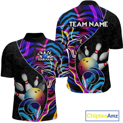 Custom Blue Neon Wave Bowling Team Shirts, Strike Bowling Shirts For Men Bowling Jersey HNT465