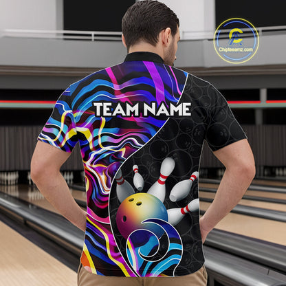 Custom Blue Neon Wave Bowling Team Shirts, Strike Bowling Shirts For Men Bowling Jersey HNT465