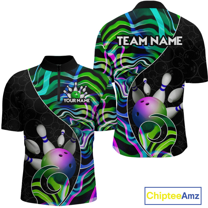 Custom Green Neon Wave Bowling Team Shirts, Strike Bowling Shirts For Men Bowling Jersey HNT465