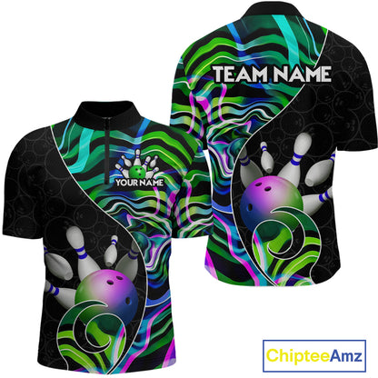 Custom Green Neon Wave Bowling Team Shirts, Strike Bowling Shirts For Men Bowling Jersey HNT465