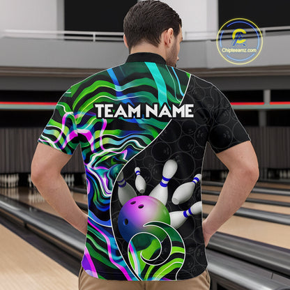 Custom Green Neon Wave Bowling Team Shirts, Strike Bowling Shirts For Men Bowling Jersey HNT465