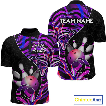 Custom Purple Neon Wave Bowling Team Shirts, Strike Bowling Shirts For Men Bowling Jersey HNT465