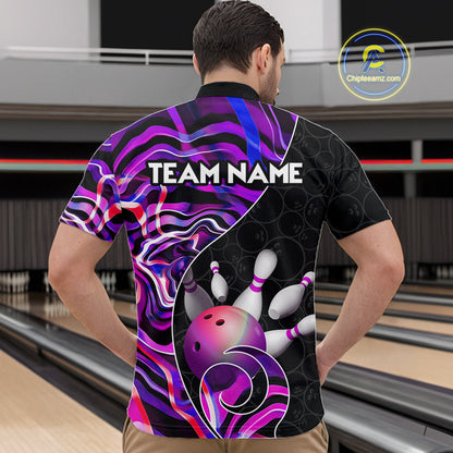 Custom Purple Neon Wave Bowling Team Shirts, Strike Bowling Shirts For Men Bowling Jersey HNT465